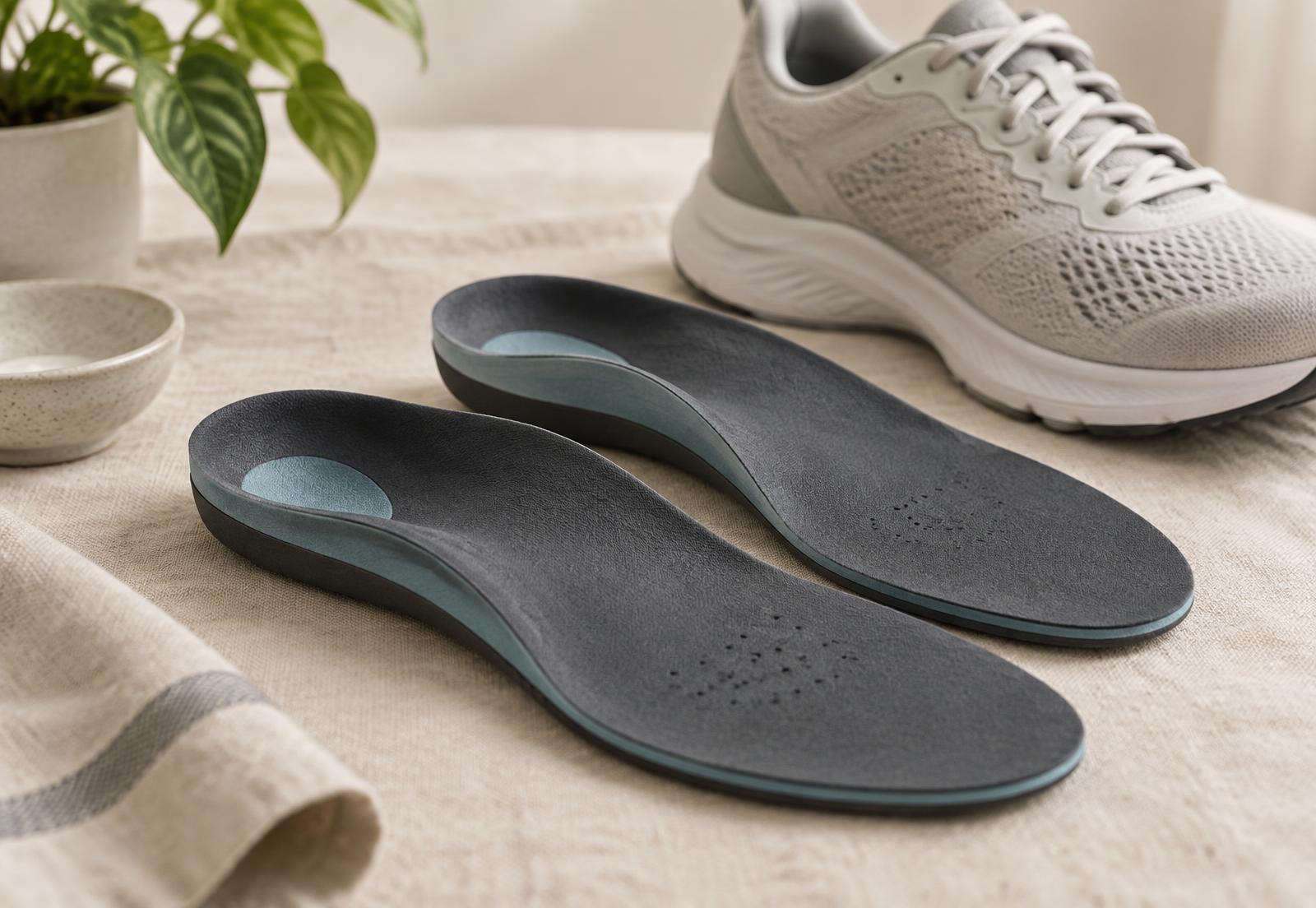 A pair of custom orthotic insoles beside a walking shoe on a linen surface
